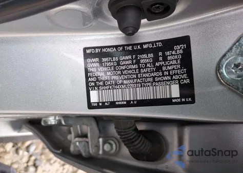 2021 Honda Civic Sport z USA, uszkodzony, nr VIN SHHFK7H4XMU220319